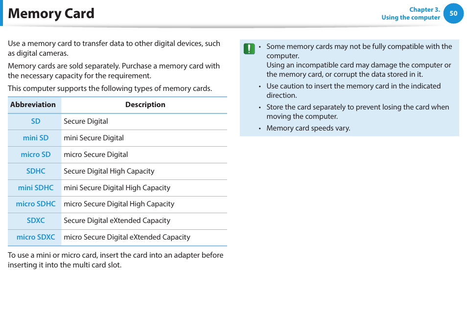 Memory card | Samsung NP270E5G-K02US User Manual | Page 50 / 121