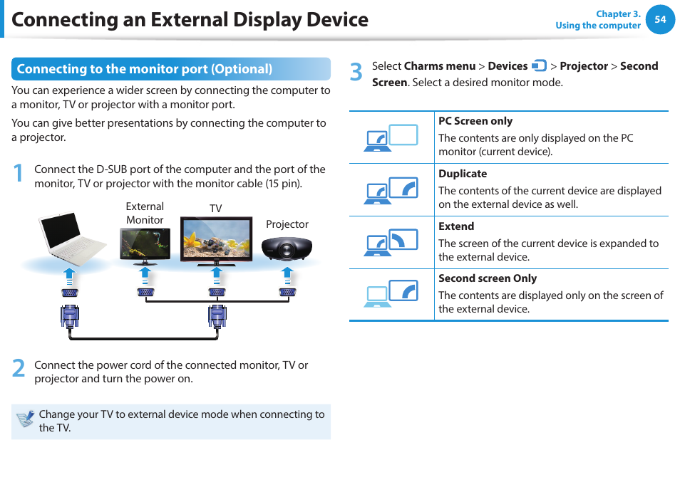 Connecting an external display device, Connecting to the monitor port (optional) | Samsung NP270E5G-K02US User Manual | Page 54 / 121