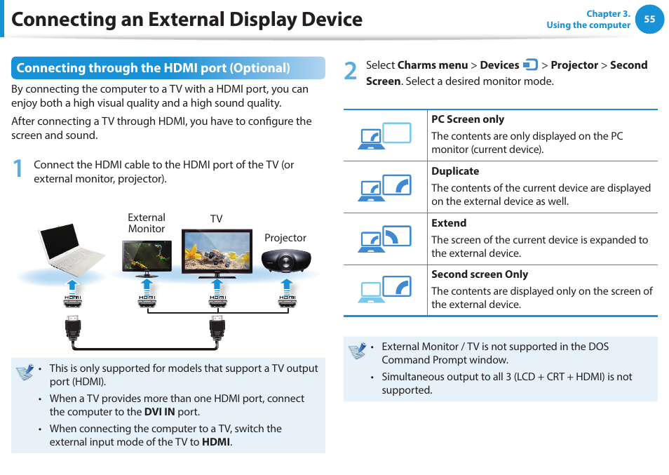 Connecting an external display device, Connecting through the hdmi port (optional) | Samsung NP270E5G-K02US User Manual | Page 55 / 121