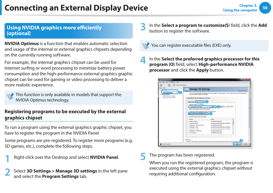 Connecting an external display device | Samsung NP270E5G-K02US User Manual | Page 56 / 121