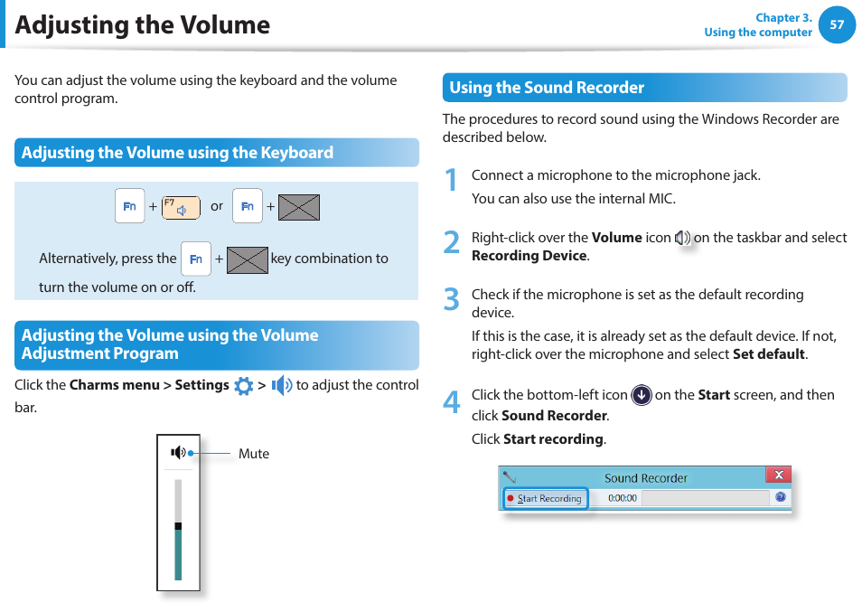 Adjusting the volume | Samsung NP270E5G-K02US User Manual | Page 57 / 121