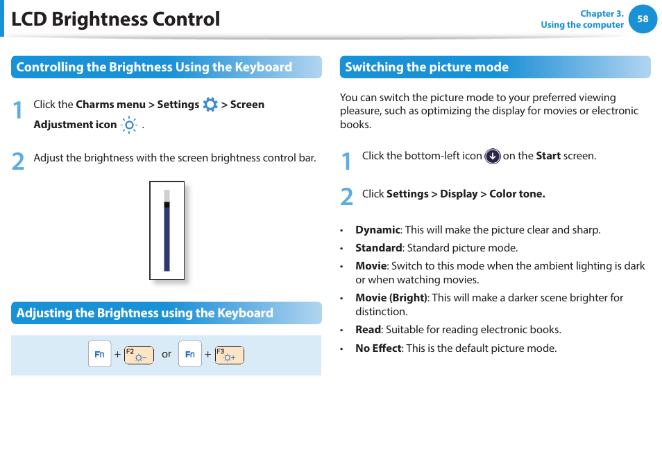 Lcd brightness control | Samsung NP270E5G-K02US User Manual | Page 58 / 121