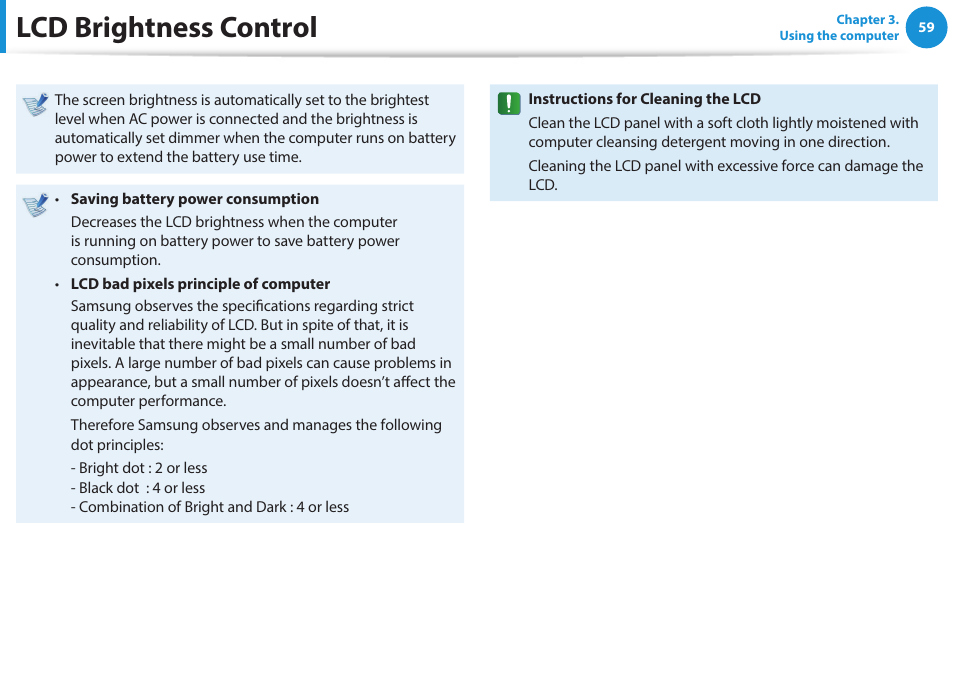 Lcd brightness control | Samsung NP270E5G-K02US User Manual | Page 59 / 121