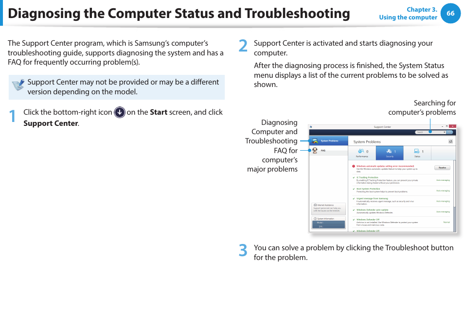 Diagnosing the computer status and troubleshooting, Diagnosing the computer status and, Troubleshooting | Samsung NP270E5G-K02US User Manual | Page 66 / 121
