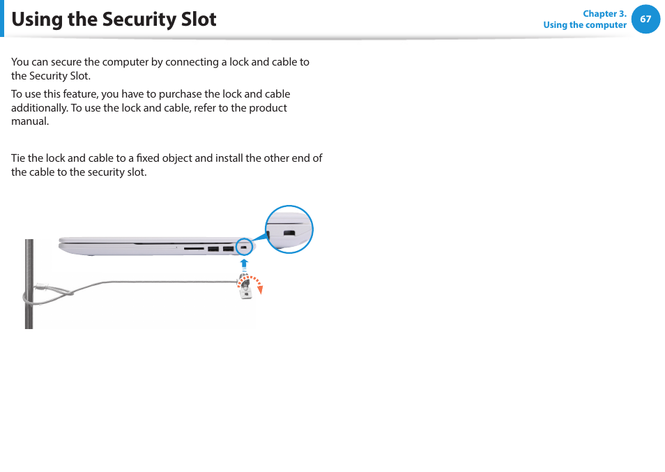 Using the security slot | Samsung NP270E5G-K02US User Manual | Page 67 / 121
