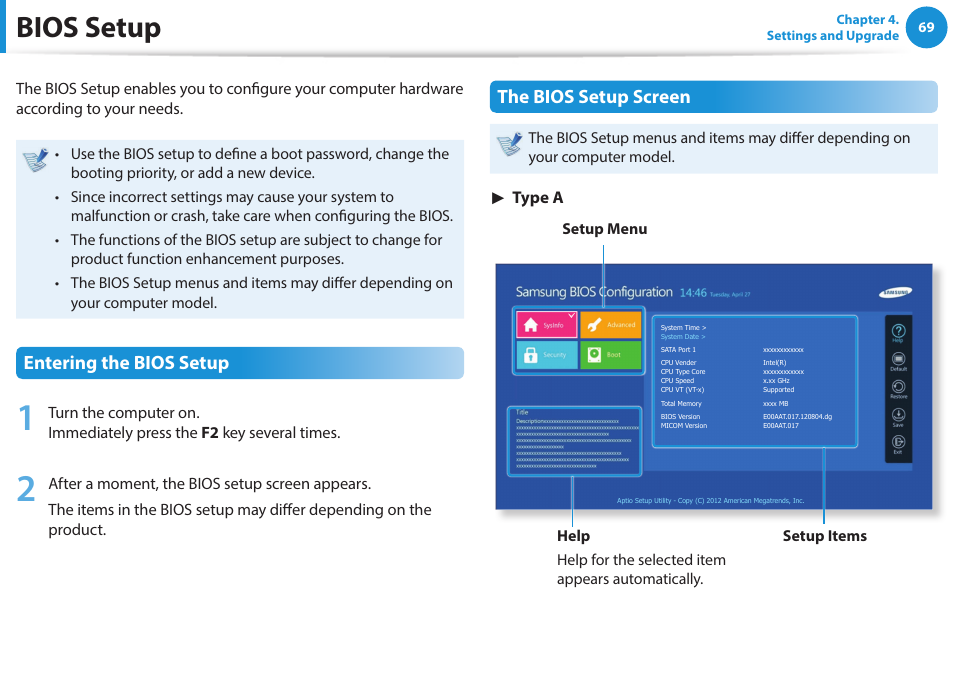 Bios setup, Entering the bios setup, The bios setup screen | Type a | Samsung NP270E5G-K02US User Manual | Page 69 / 121