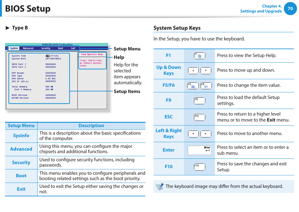 Bios setup | Samsung NP270E5G-K02US User Manual | Page 70 / 121