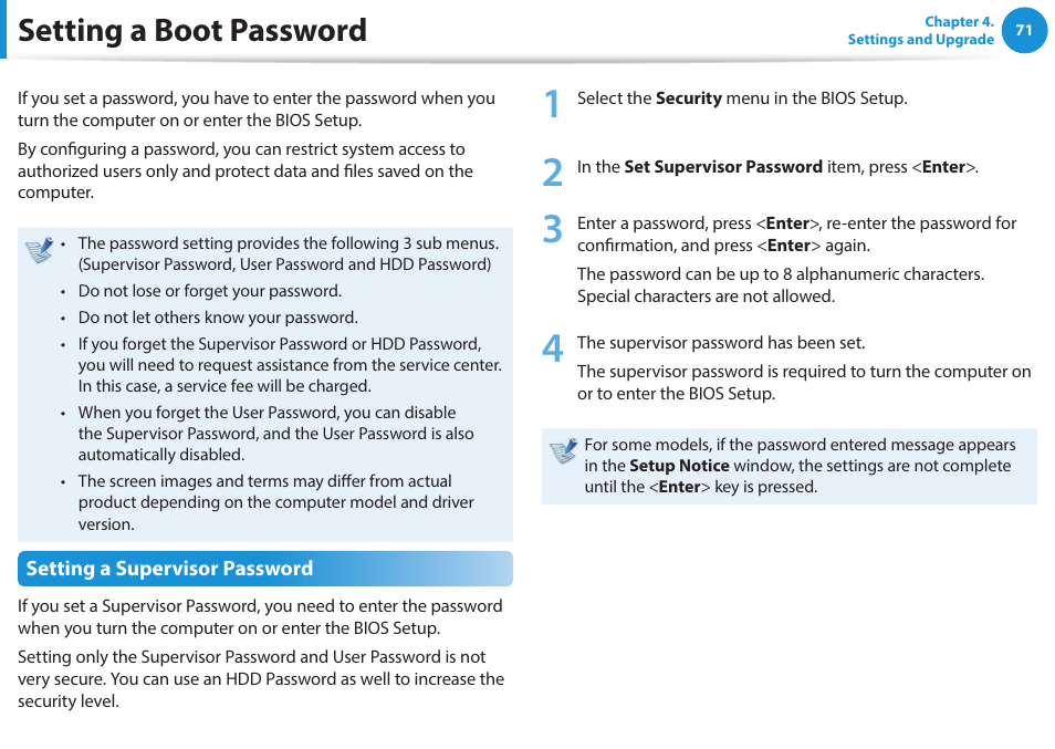 Setting a boot password | Samsung NP270E5G-K02US User Manual | Page 71 / 121