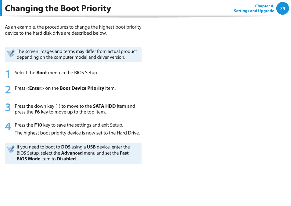 Changing the boot priority | Samsung NP270E5G-K02US User Manual | Page 74 / 121
