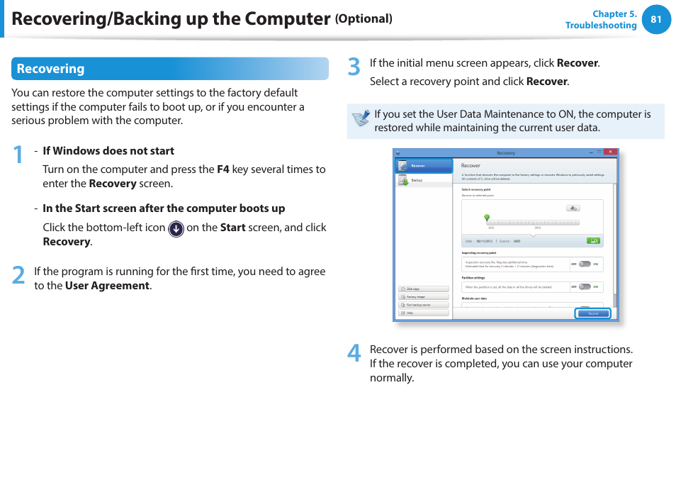 Recovering/backing up the computer | Samsung NP270E5G-K02US User Manual | Page 81 / 121