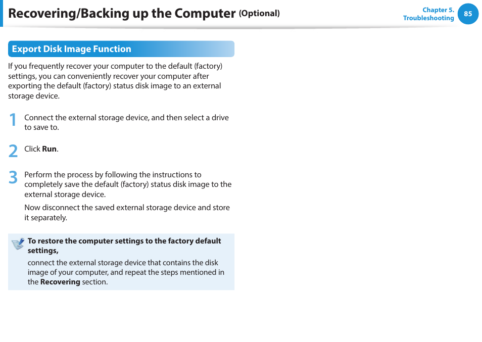 Recovering/backing up the computer | Samsung NP270E5G-K02US User Manual | Page 85 / 121