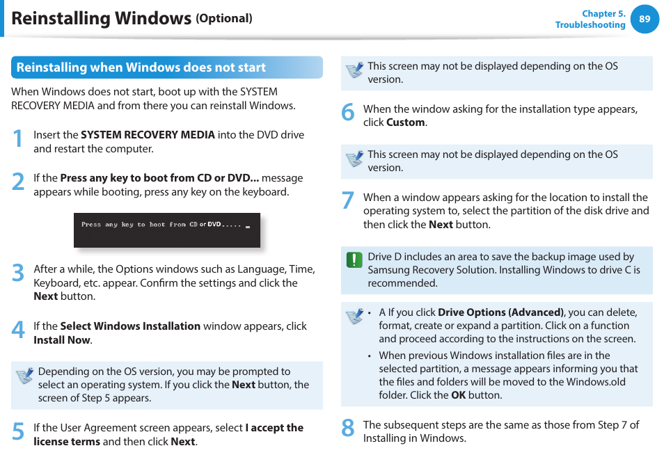 Reinstalling windows | Samsung NP270E5G-K02US User Manual | Page 89 / 121