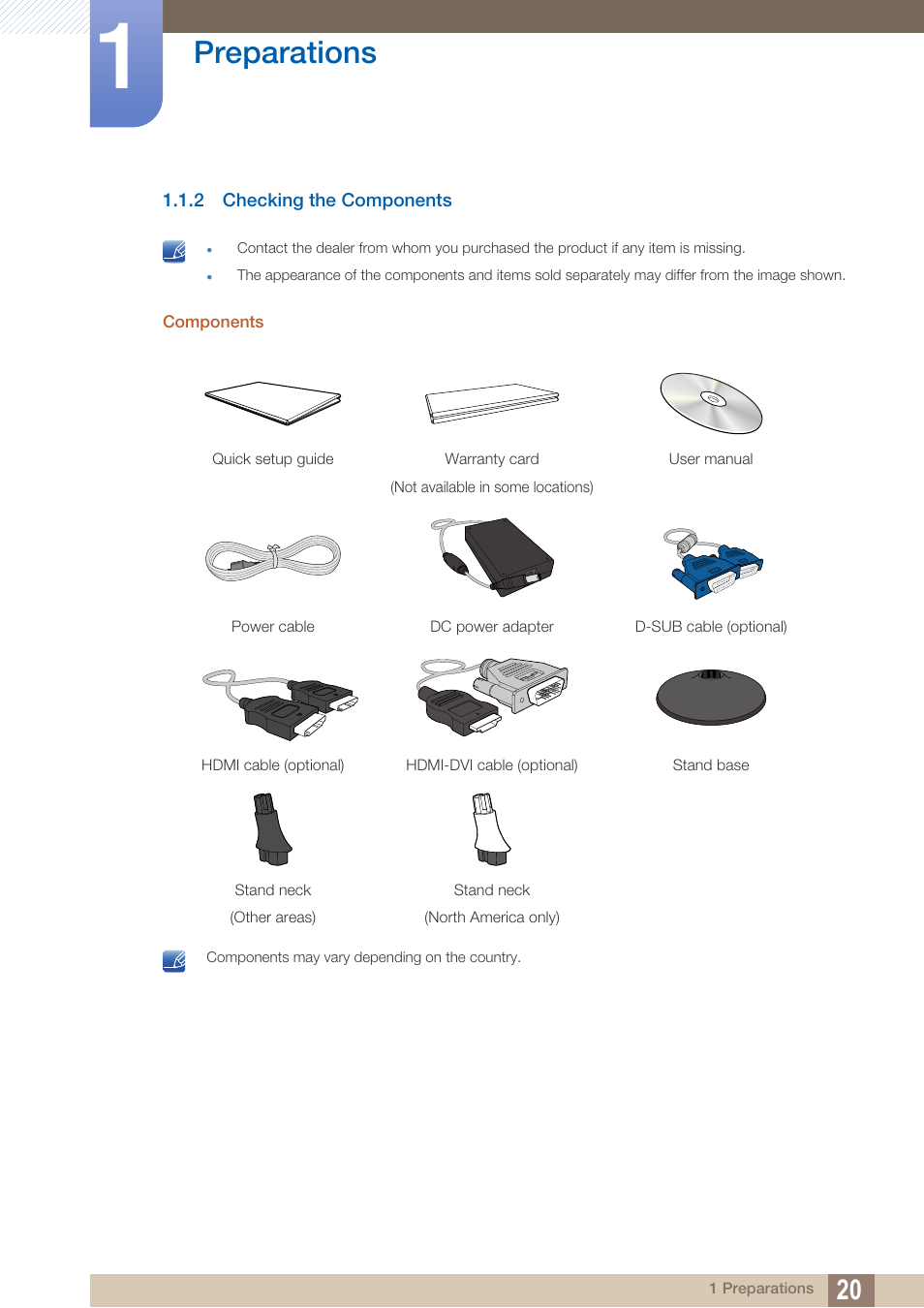 2 checking the components, Checking the components, Preparations | Samsung LS27B350HSZ-ZA User Manual | Page 20 / 96