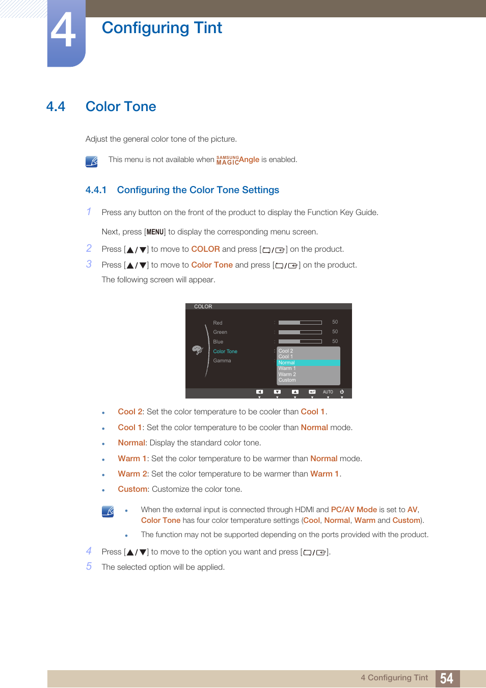 4 color tone, 1 configuring the color tone settings, Color tone | Configuring the color tone settings, Configuring tint | Samsung LS27B350HSZ-ZA User Manual | Page 54 / 96