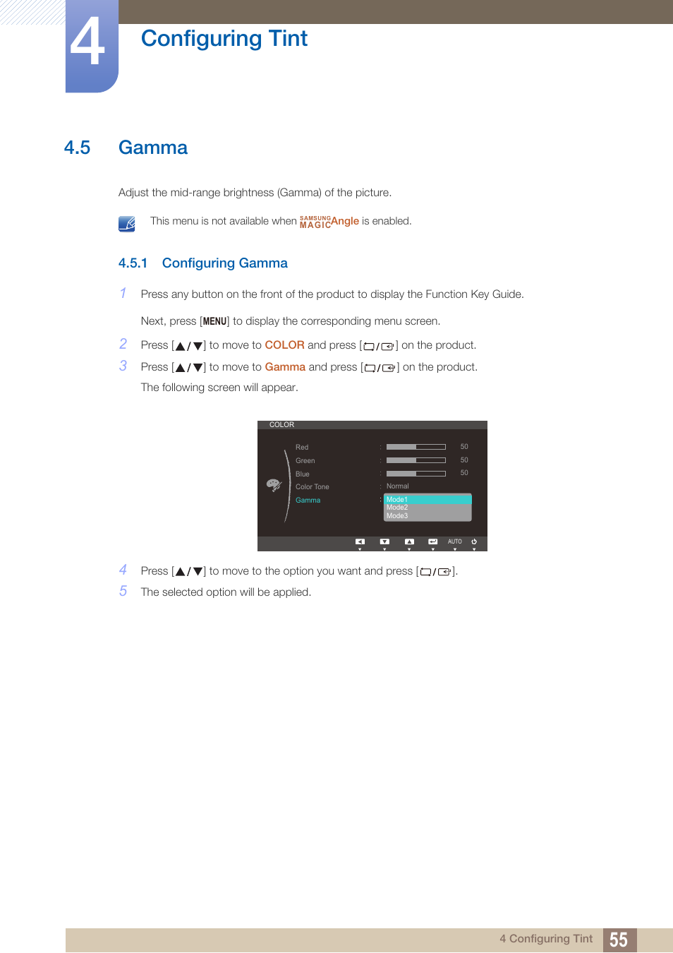 5 gamma, 1 configuring gamma, Gamma | Configuring gamma, Configuring tint | Samsung LS27B350HSZ-ZA User Manual | Page 55 / 96