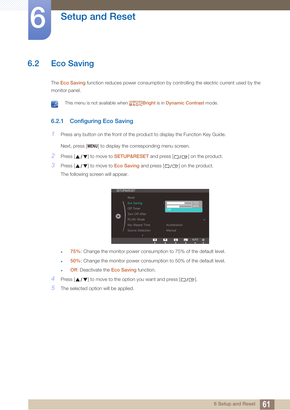 2 eco saving, 1 configuring eco saving, Eco saving | Configuring eco saving, Setup and reset | Samsung LS27B350HSZ-ZA User Manual | Page 61 / 96