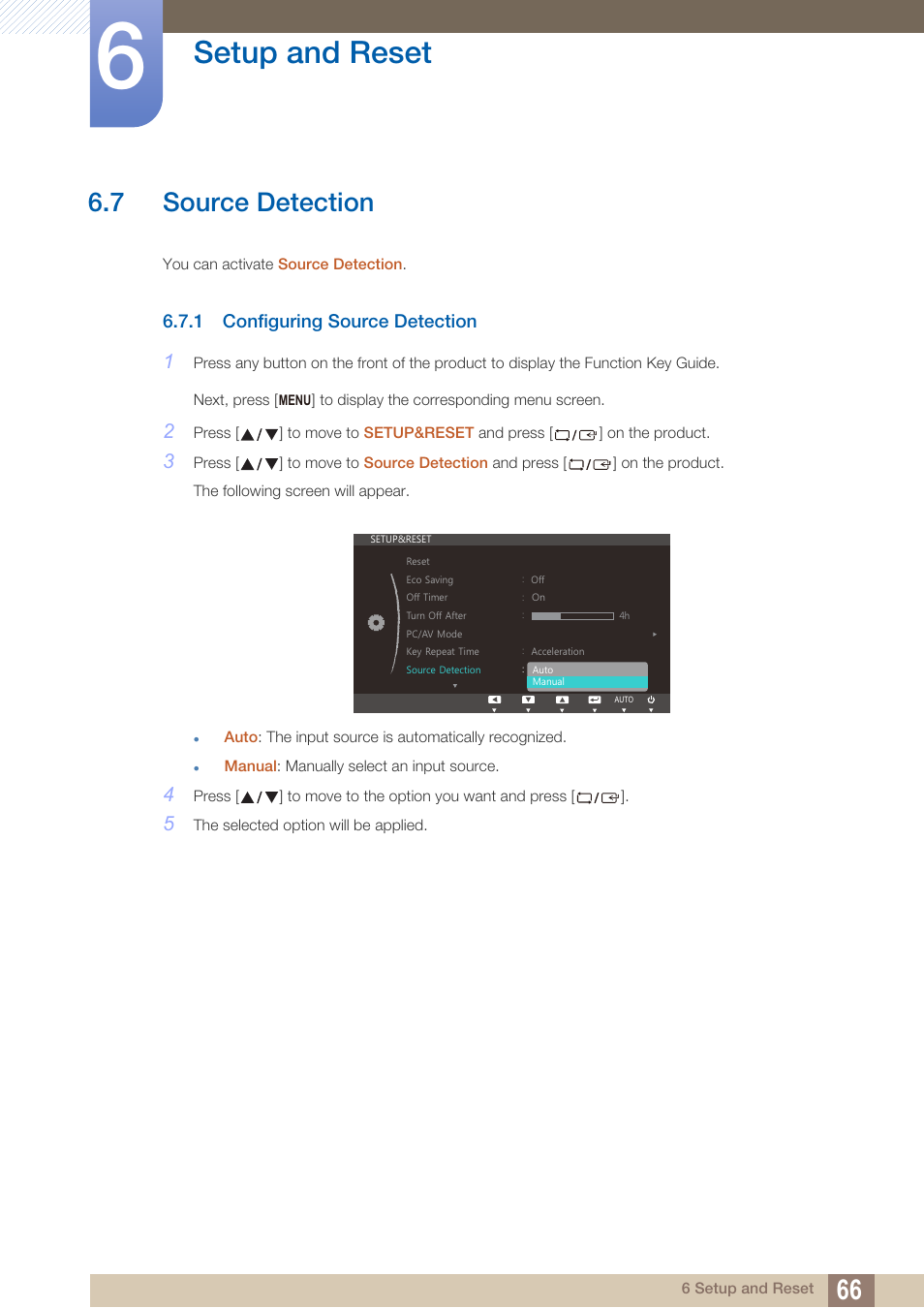 7 source detection, 1 configuring source detection, Source detection | Configuring source detection, Setup and reset | Samsung LS27B350HSZ-ZA User Manual | Page 66 / 96