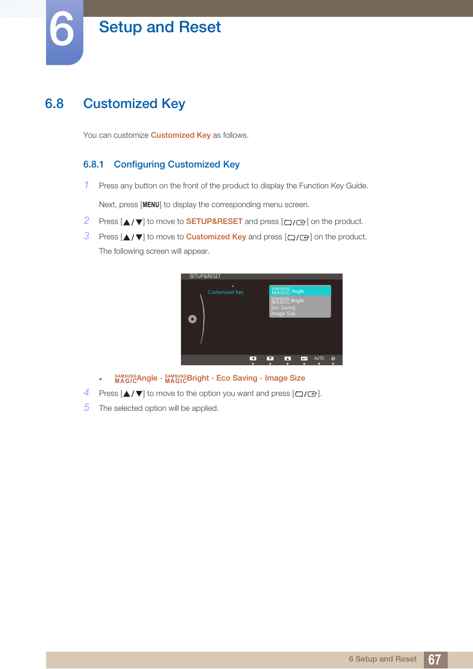 8 customized key, 1 configuring customized key, Customized key | Configuring customized key, Setup and reset | Samsung LS27B350HSZ-ZA User Manual | Page 67 / 96