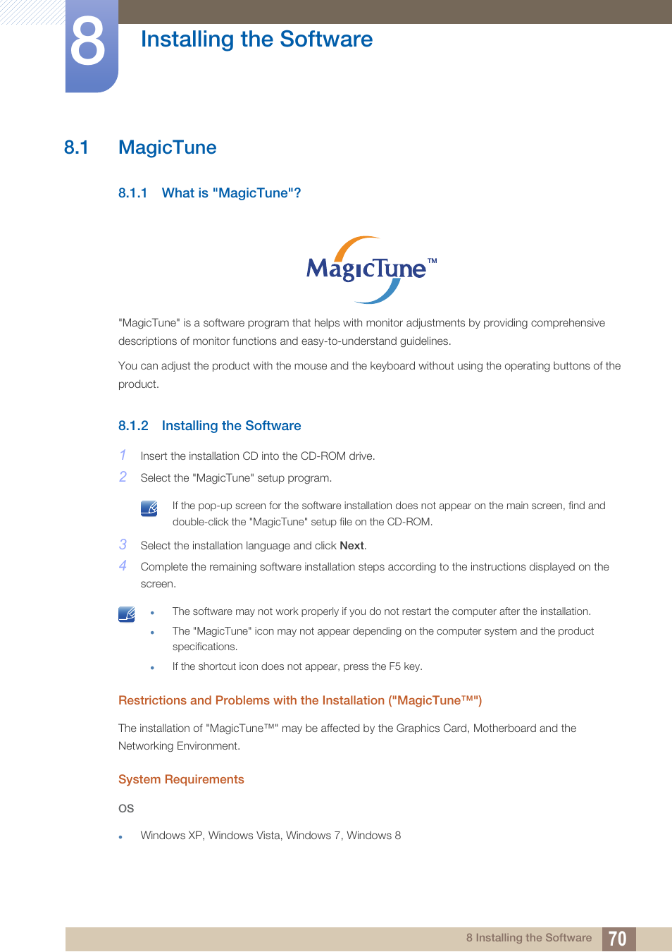 Installing the software, 1 magictune, 1 what is "magictune | 2 installing the software, Installing the, Software, Magictune, What is "magictune | Samsung LS27B350HSZ-ZA User Manual | Page 70 / 96
