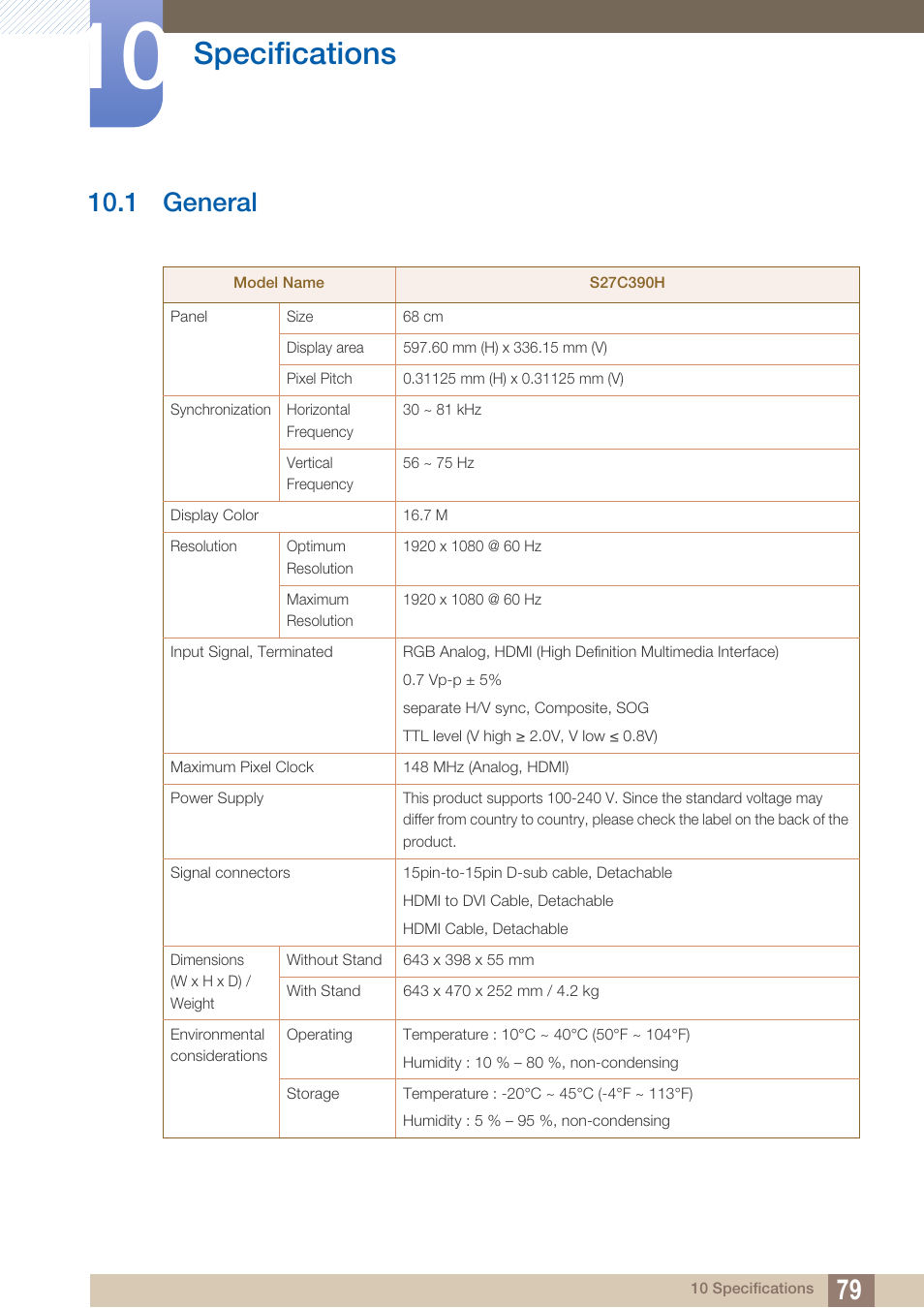 Specifications, 1 general, General | Samsung LS27B350HSZ-ZA User Manual | Page 79 / 96