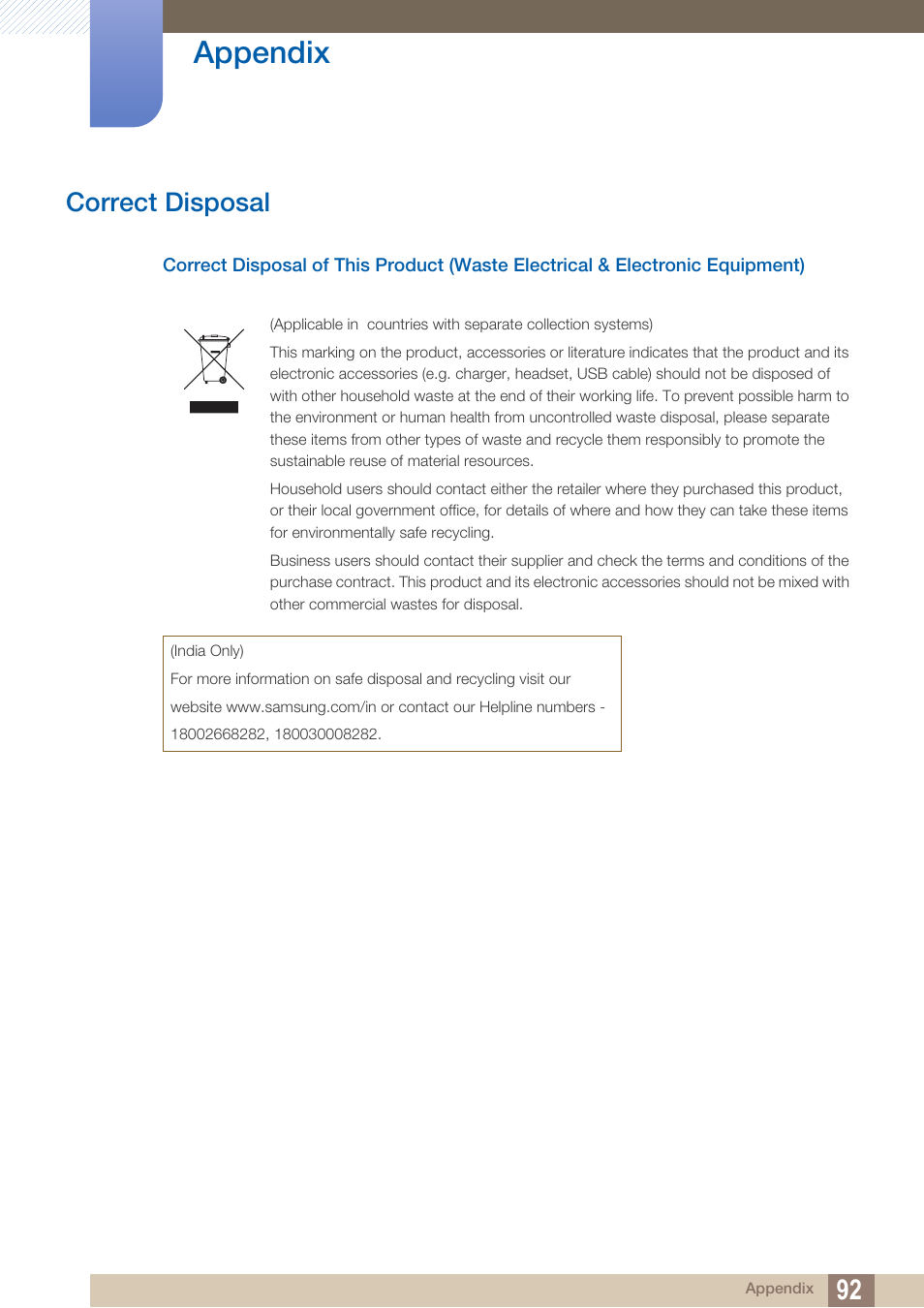 Correct disposal, Appendix | Samsung LS27B350HSZ-ZA User Manual | Page 92 / 96