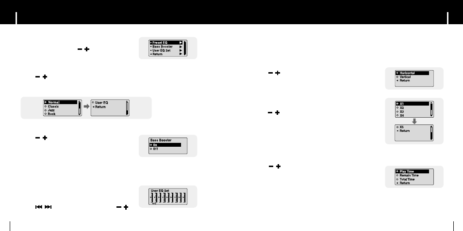 Setting the eq mode, Display settings, Idisplay time | Iscroll, Ipreset eq, Ibass booster, Iuser eq set | Samsung YP-C1Z-XAA User Manual | Page 18 / 24