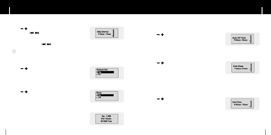 Time settings, Time settings setting the system, Iabout | Iskip interval i default set i beep, Iauto off time i auto sleep i intro time | Samsung YP-C1Z-XAA User Manual | Page 21 / 24