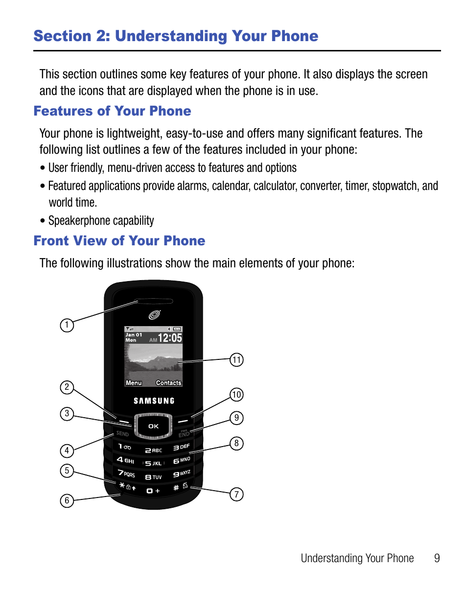 Section 2: understanding your phone, Features of your phone, Front view of your phone | Features of your phone front view of your phone | Samsung SGH-T105YKGTRF User Manual | Page 13 / 50