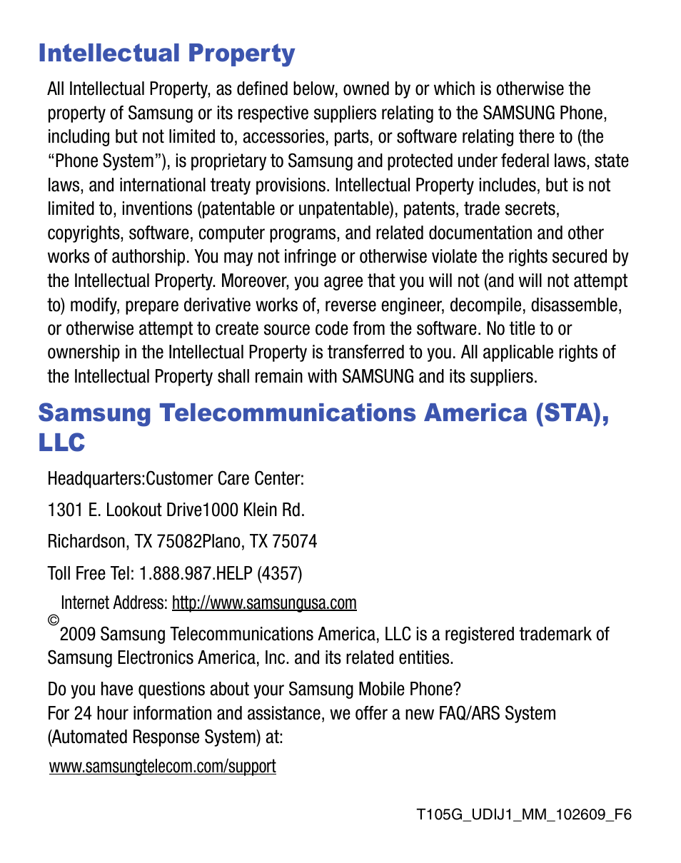 Intellectual property, Samsung telecommunications america (sta), llc | Samsung SGH-T105YKGTRF User Manual | Page 2 / 50