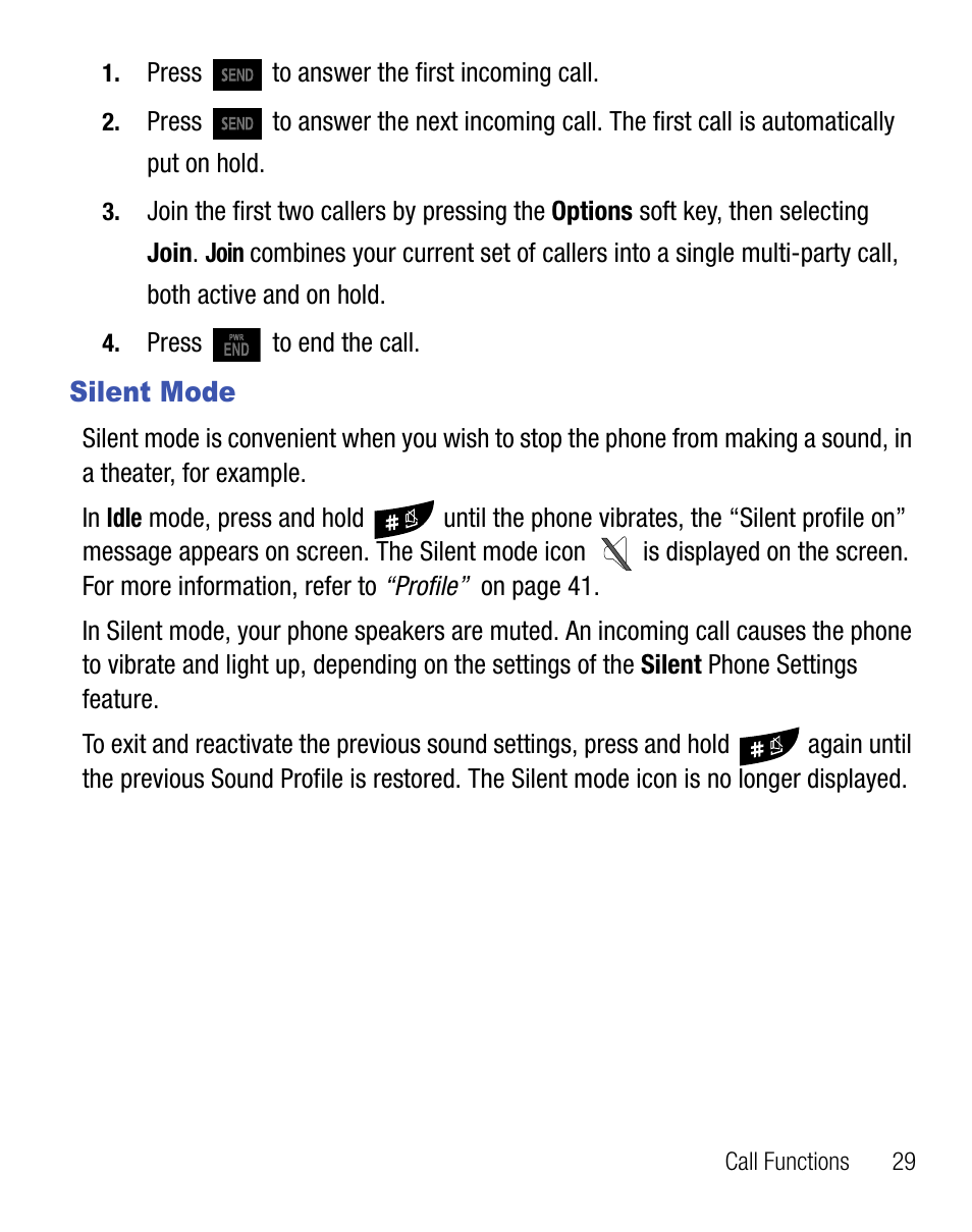 Silent mode | Samsung SGH-T105YKGTRF User Manual | Page 33 / 50