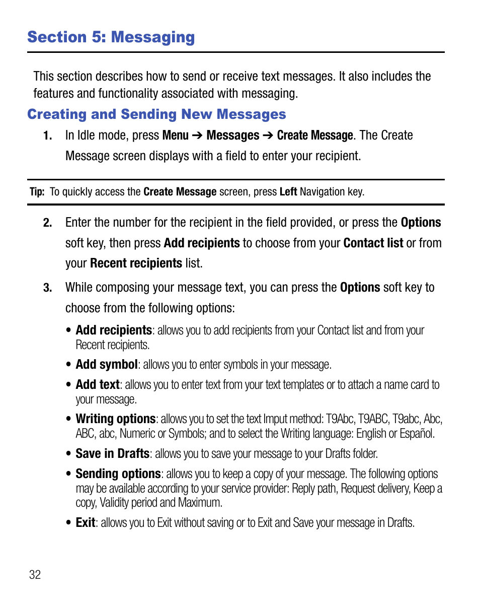 Section 5: messaging, Creating and sending new messages | Samsung SGH-T105YKGTRF User Manual | Page 36 / 50