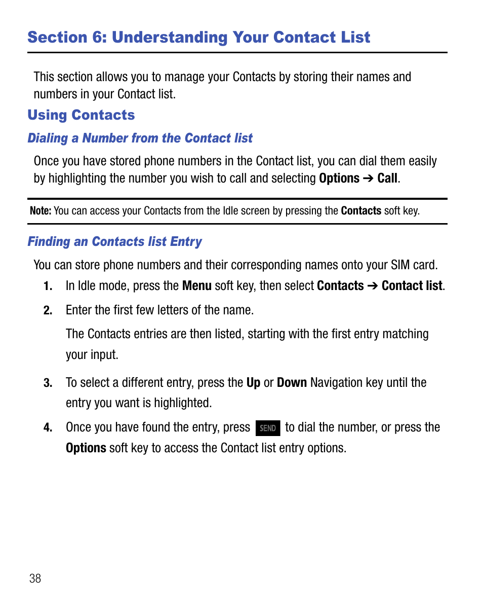 Section 6: understanding your contact list, Using contacts | Samsung SGH-T105YKGTRF User Manual | Page 42 / 50