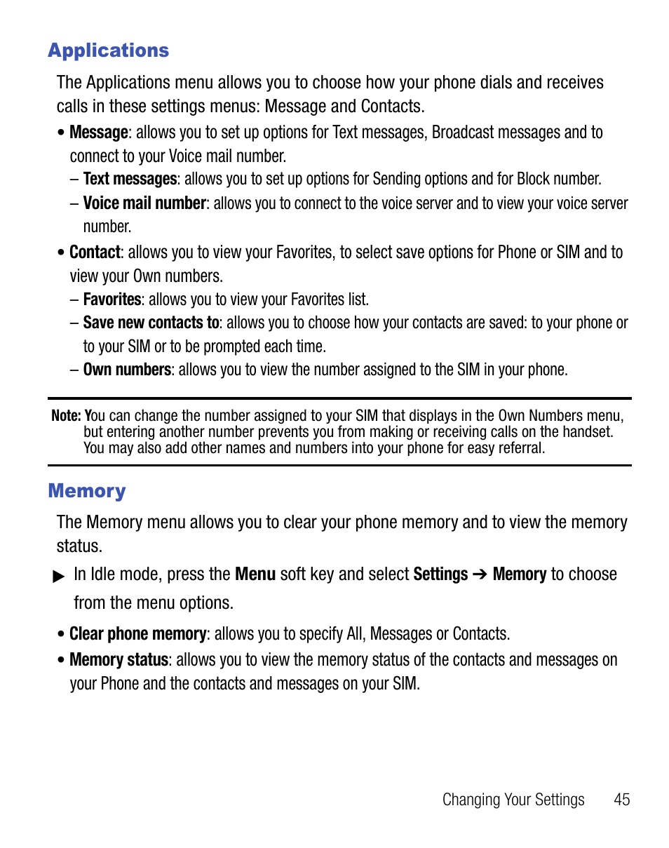 Applications, Memory, Applications memory | Samsung SGH-T105YKGTRF User Manual | Page 49 / 50