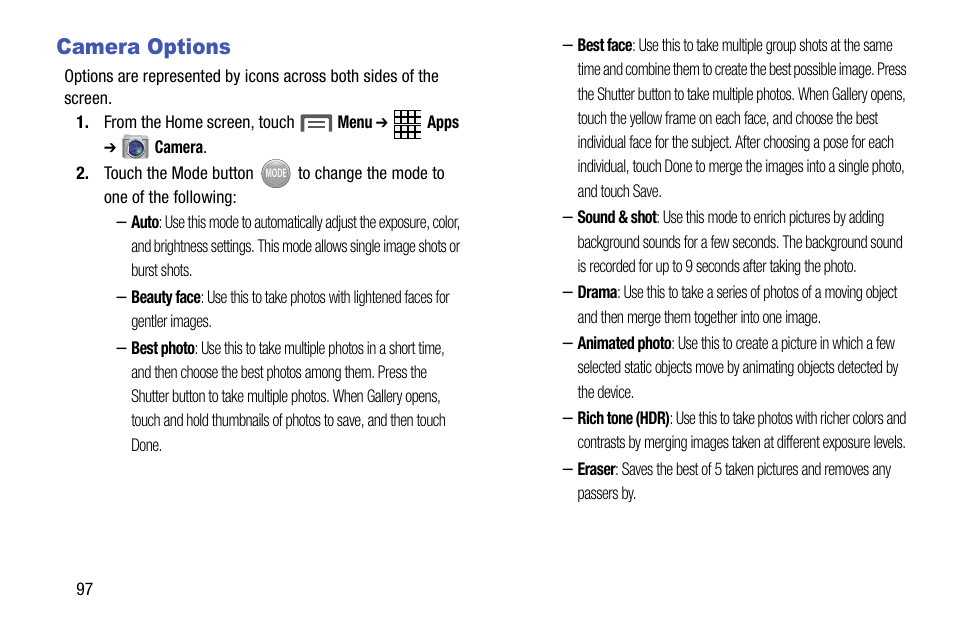 Camera options | Samsung SCH-R970ZWAUSC User Manual | Page 102 / 249