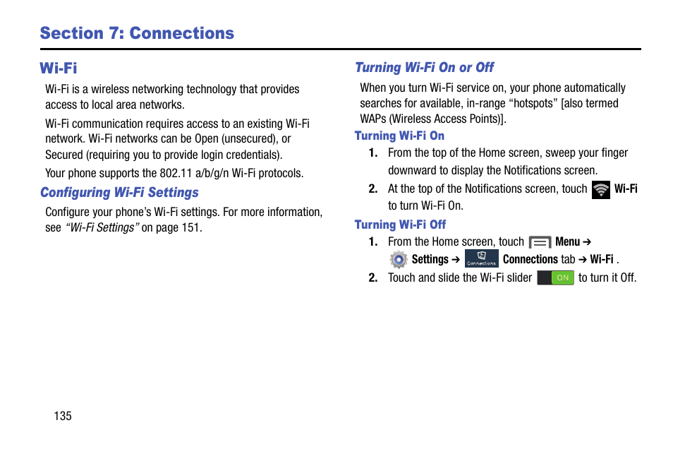 Section 7: connections, Wi-fi | Samsung SCH-R970ZWAUSC User Manual | Page 140 / 249