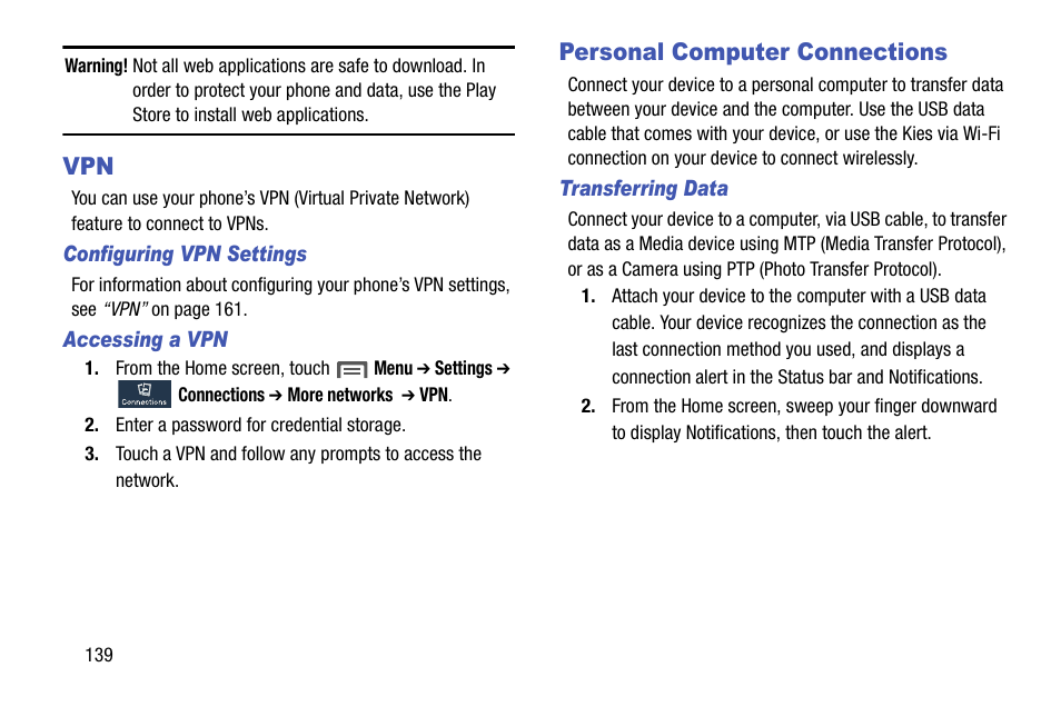 Personal computer connections, Vpn personal computer connections | Samsung SCH-R970ZWAUSC User Manual | Page 144 / 249