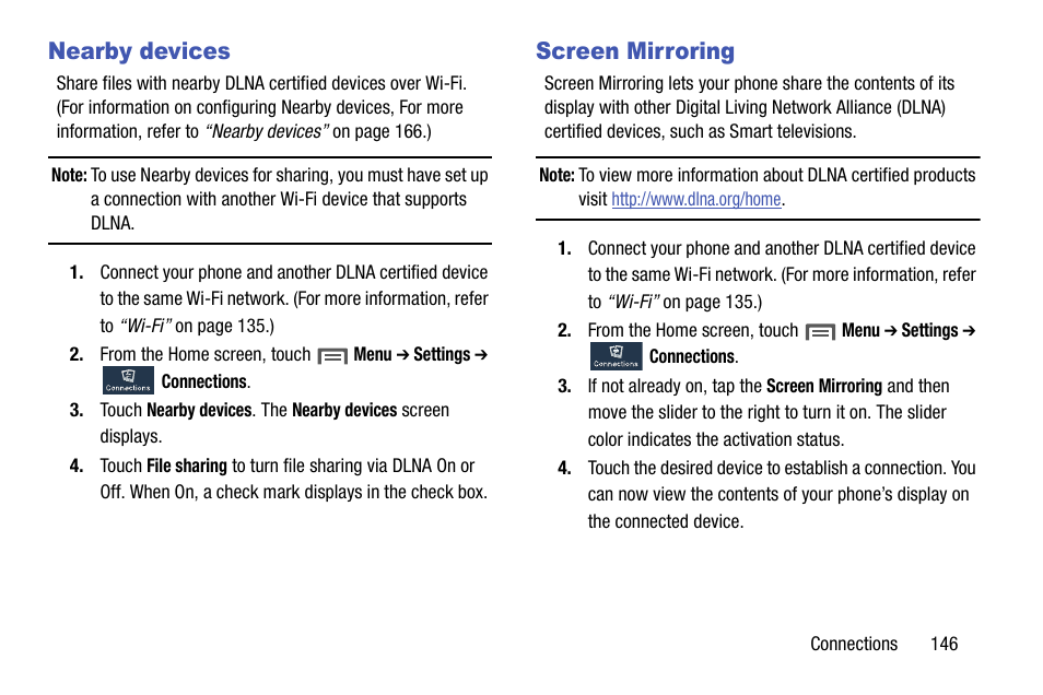 Nearby devices, Screen mirroring, Nearby devices screen mirroring | Samsung SCH-R970ZWAUSC User Manual | Page 151 / 249