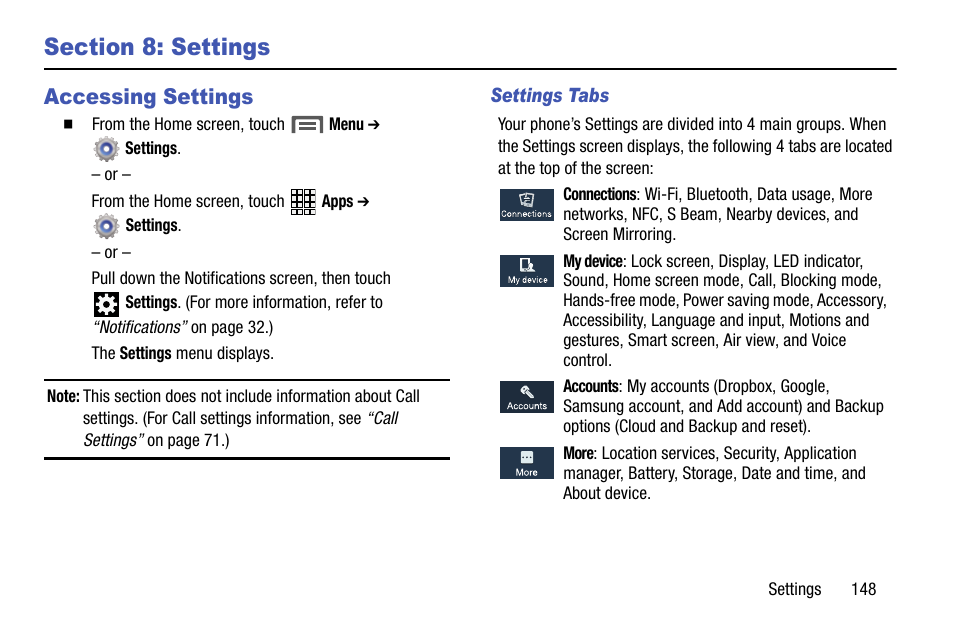 Section 8: settings, Accessing settings, Een displays | For more information | Samsung SCH-R970ZWAUSC User Manual | Page 153 / 249