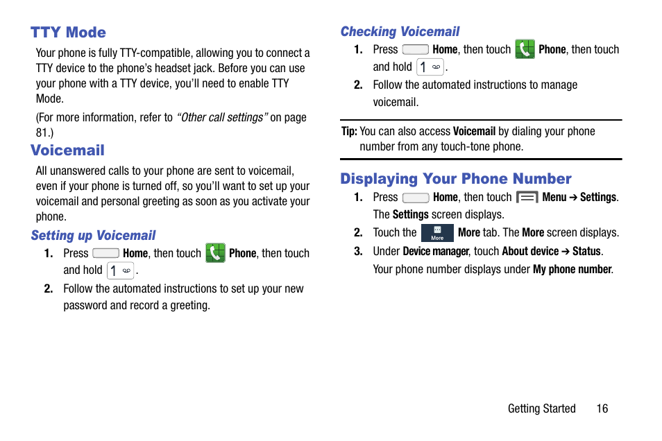 Tty mode, Voicemail, Displaying your phone number | Tty mode voicemail displaying your phone number | Samsung SCH-R970ZWAUSC User Manual | Page 21 / 249