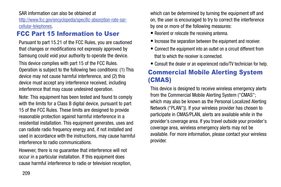 Fcc part 15 information to user, Commercial mobile alerting system (cmas) | Samsung SCH-R970ZWAUSC User Manual | Page 214 / 249