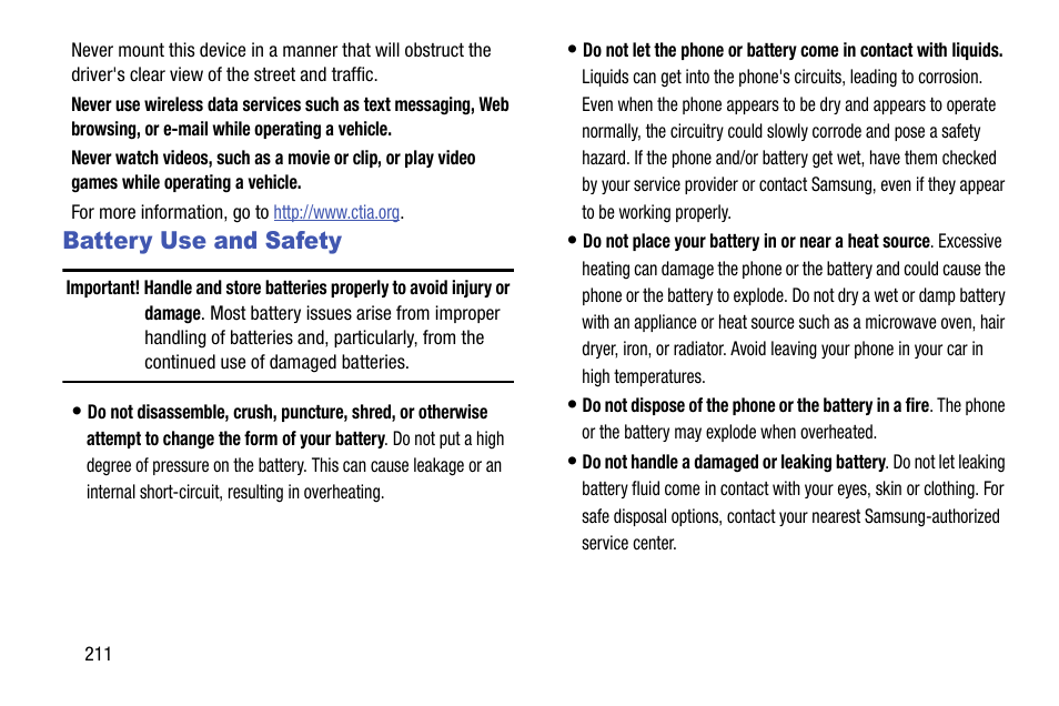 Battery use and safety | Samsung SCH-R970ZWAUSC User Manual | Page 216 / 249