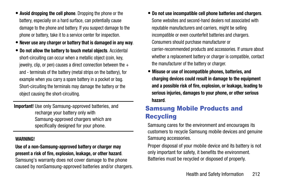 Samsung mobile products and recycling | Samsung SCH-R970ZWAUSC User Manual | Page 217 / 249