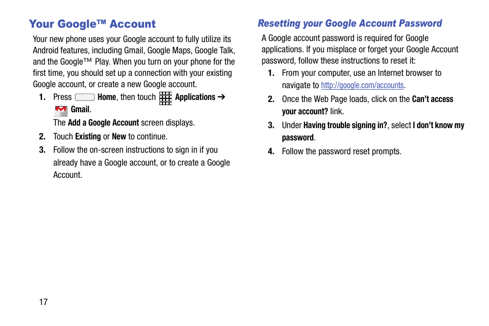 Your google™ account | Samsung SCH-R970ZWAUSC User Manual | Page 22 / 249