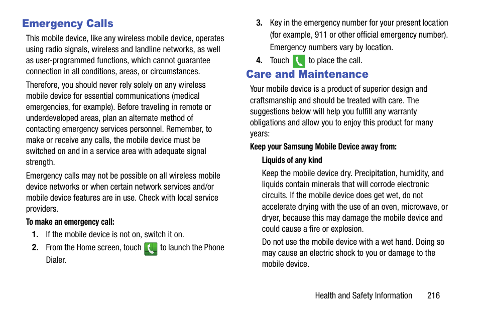 Emergency calls, Care and maintenance, Emergency calls care and maintenance | Samsung SCH-R970ZWAUSC User Manual | Page 221 / 249