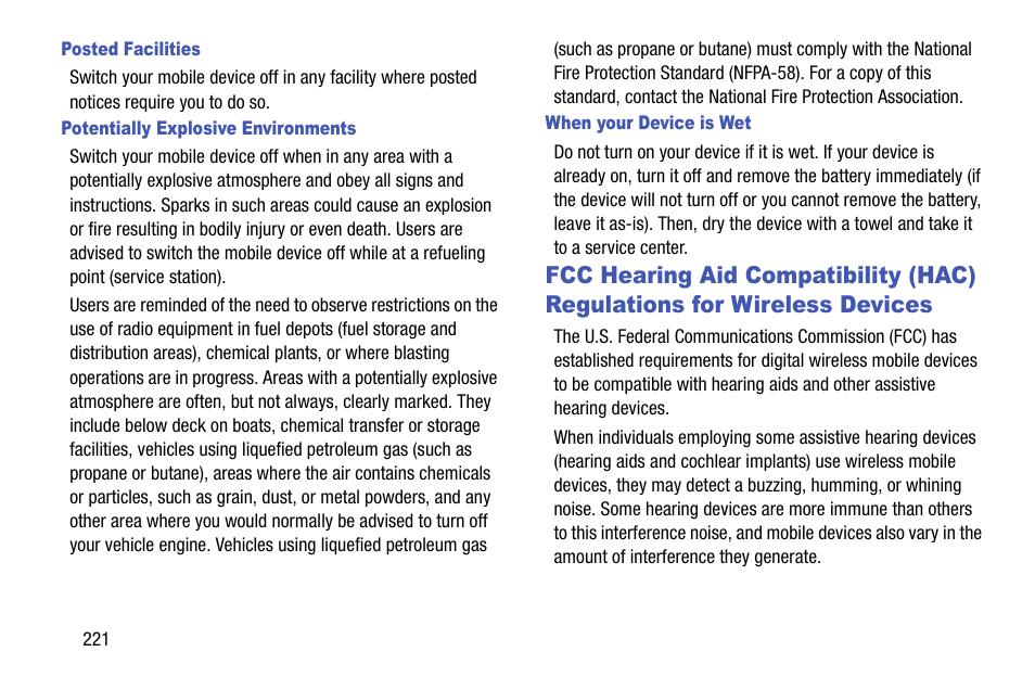 Fcc hearing aid compatibility (hac), Regulations for wireless devices | Samsung SCH-R970ZWAUSC User Manual | Page 226 / 249