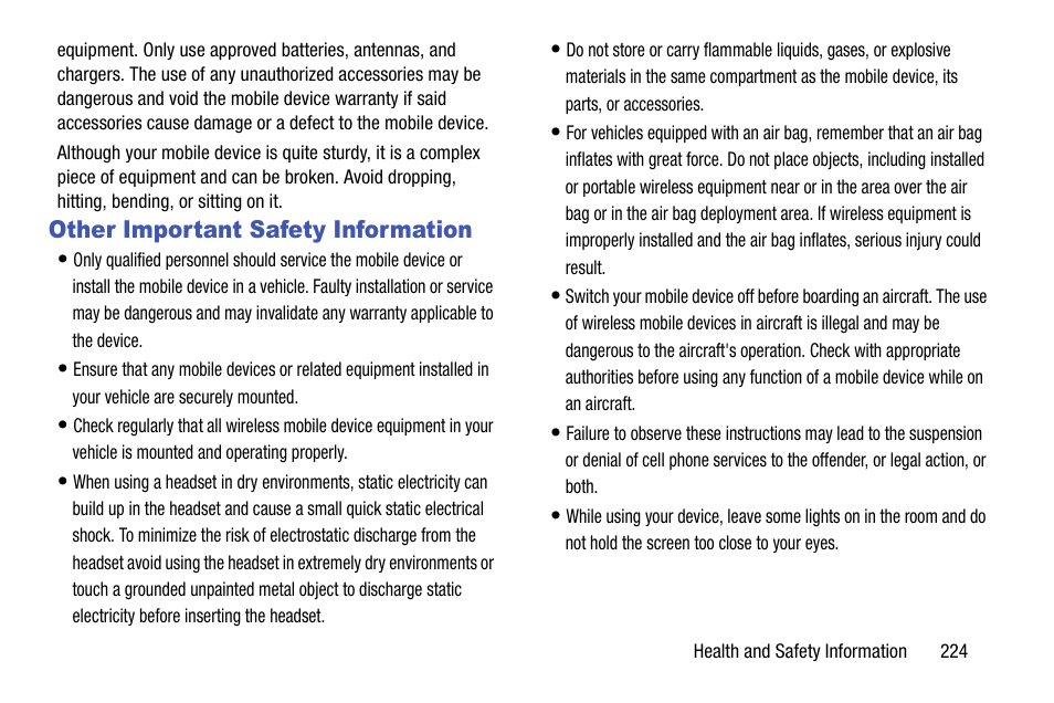 Other important safety information | Samsung SCH-R970ZWAUSC User Manual | Page 229 / 249