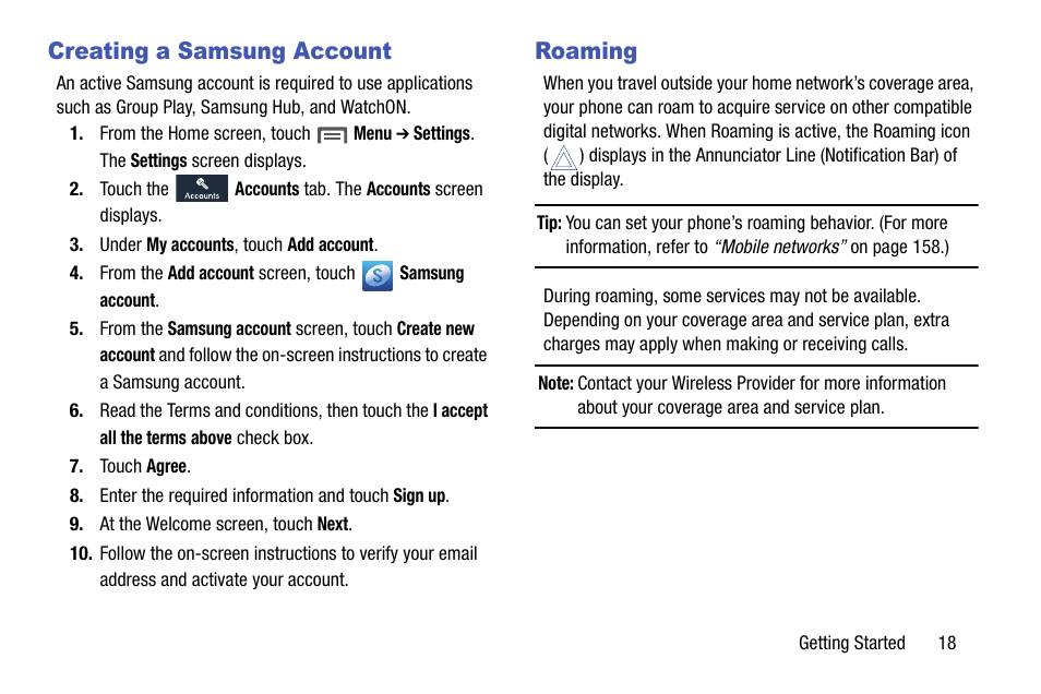 Creating a samsung account, Roaming, Creating a samsung account roaming | Samsung SCH-R970ZWAUSC User Manual | Page 23 / 249