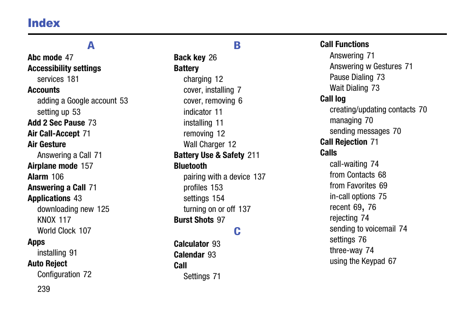 Index | Samsung SCH-R970ZWAUSC User Manual | Page 244 / 249