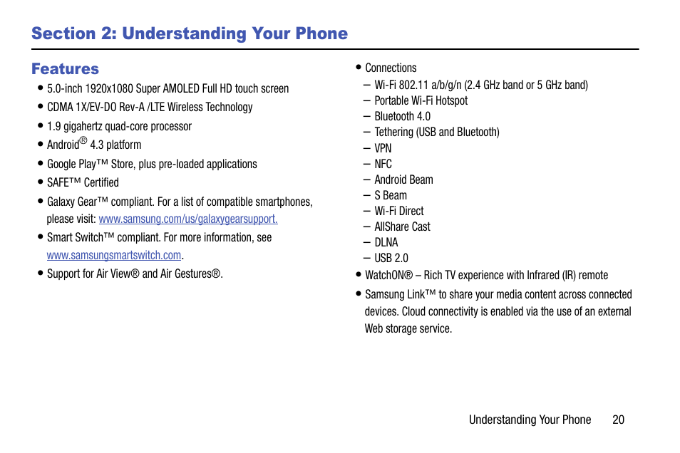 Section 2: understanding your phone, Features | Samsung SCH-R970ZWAUSC User Manual | Page 25 / 249