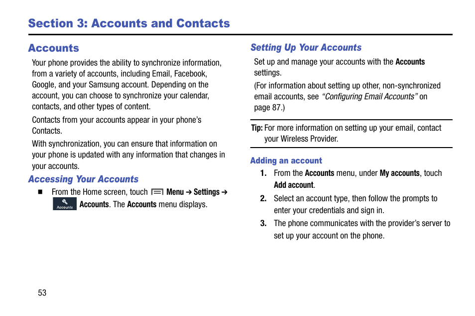 Section 3: accounts and contacts, Accounts | Samsung SCH-R970ZWAUSC User Manual | Page 58 / 249